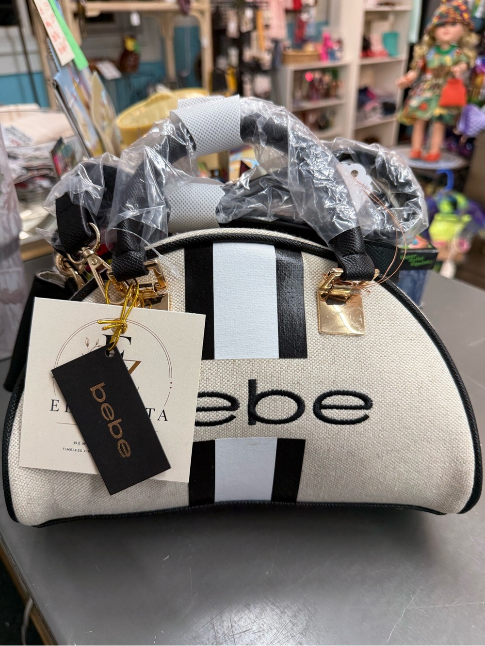 bebe Black & White Striped Dome Mini Satchel